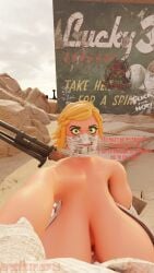 3d big_breasts blonde_hair cleavage dialogue fallout_(series) fallout_new_vegas futa_only futanari gun_on_back half_covered masked_futa sunninsfw sunny_(sunninsfw)