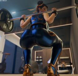 3d alternate_version_available ass ass_focus barbell big_ass blue_clothing blush camel_toe chun-li chun-li_(fortnite) clothed clothed_female clothing female female_only fortnite fully_clothed fully_clothed_female hair_ornament hair_ribbon huge_ass kitway lifting_weights looking_back looking_back_at_viewer mirror reflection sfw sfw_version shiny shiny_clothes shiny_skin solo solo_female squatting street_fighter weightlifting working_out