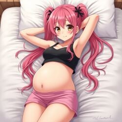 ai_generated amy_aruha amy_plie armpits grand_chase grandchase navel pink_hair pregnant thighs