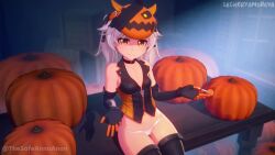 animated anna_anon barely_clothed candy choker clothing half_naked halloween imminent_sex lecheryamoreva lollipop mask orange_eyes panties prostitution pumpkin skimpy sound stockings tagme video voice_acted white_hair