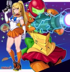 1girls arm_cannon armor armored_samus big_breasts bishoujo_senshi_sailor_moon blonde_hair blue_eyes breasts choker clothing cosplay crossover earrings elbow_gloves female female_only gloves gun helmet helmet_with_visor high_heels holding_gun looking_at_viewer metroid metroid_(creature) miniskirt mole mole_under_mouth nintendo orange_skirt plasma_gun ponytail power_armor power_suit sailor_collar sailor_senshi_uniform sailor_venus_(cosplay) samus_aran sarukaiwolf shirt skirt small_breasts socks varia_suit varia_suit_helmet white_shirt