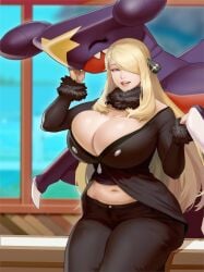 belly belly_button big_breasts big_thighs black_clothing blonde_female blonde_hair blonde_hair_female champion chubby chubby_female cleavage cleavage_dress cleavage_overflow collar cynthia_(pokemon) dress female female_focus fur_clothing garchomp hair hair_ornament hair_over_one_eye huge_breasts large_breasts materclaws mature mature_female midriff navel one_eye_obstructed pokemon pokemon_(species) pokemon_champion pokemon_trainer slightly_chubby slightly_chubby_female thick_thighs tight_clothes tight_clothing wide_hips