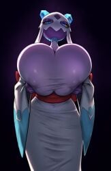 azuu big_breasts blue_eyes breasts clothed clothing female froslass generation_4_pokemon ghost hand_on_breast hi_res huge_breasts humanoid mammal nintendo nipple_outline pokemon pokemon_(species) simple_background solo spirit