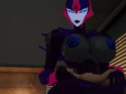 1boy 1girls 3d arcee arcee_(prime) big_breasts blue_eyes blue_lipstick blue_nipples breasts busty discovery_family experttitan5564 hasbro larger_female nipples robot robot_girl robot_humanoid size_difference transformers transformers_prime