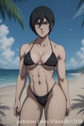 ai_generated anime_style attack_on_titan beach female_muscle female_only mikasa_ackerman visualart309