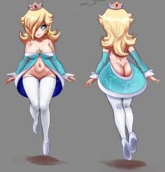aqua_dress artist_name ass back bare_shoulders biker_clothes bikesuit blonde_hair blue_eyes bracelet breasts brooch cleavage collarbone crown detached_sleeves dress earrings female from_behind grey_background hair_over_one_eye high_heel_boots high_heels jewelry long_hair looking_at_viewer medium_breasts multiple_views navel rosalina sapphire_(gemstone) see-through shiny shiny_hair sitting standing strapless strapless_dress thighhighs white_legwear
