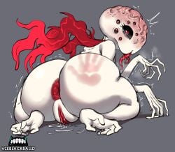 absurd_res alien alien_humanoid anus ass big_butt black_sclera blush bodily_fluids eldritch_abomination eyelashes female genital_fluids genitals grey_background hi_res huge_butt humanoid kneeling looking_back multi_eye nude pussy rear_view red_anus red_eyes red_pussy scar shaking simple_background solo spank_marks tears the_mimic_(ze_blackball.d) thick_thighs tongue tongue_out trembling vaginal_fluids wide_hips ze_blackball.d