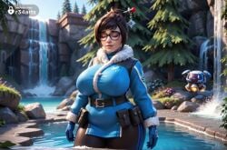 1girls ai_generated artist_name beads belt belt_pouch black-framed_eyewear blizzard_entertainment blue_gloves breasts brown_eyes brown_hair coat curvy fur_trim glasses gloves hair_bun hair_ornament hair_stick hi_res huge_breasts jacket large_breasts lips mei_(overwatch) outdoors overwatch overwatch_2 parka plump r34arts robot short_hair single_hair_bun solo thick_thighs tree utility_belt water waterfall winter_clothes winter_coat