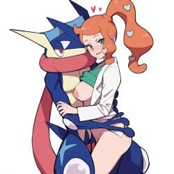 2024 anthro big_breasts blue_body blush breasts censored duo female generation_6_pokemon genitals greninja hair hentamonn hi_res human human_on_anthro interspecies looking_at_viewer male male/female mammal nintendo nipples orange_hair penis pokemon pokemon_(species) pokephilia sonia_(pokemon)