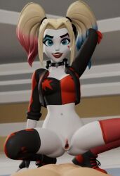 1girls ai_generated harleen_quinzel harley_quinn looking_at_viewer multiversus one_hand_behind_head presenting_pussy pussy solo solo_focus spread_legs spread_pussy squatting street