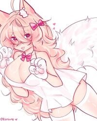 big_breasts blush cleavage female_focus fluffy_tail looking_at_viewer paw_gloves remiune shiny_skin thick_thighs