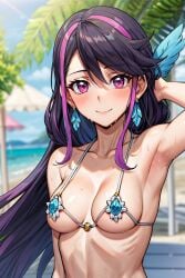 ai_generated beach_background bikini black_hair blush breasts earrings female hi_res kurosaki_ruri long_hair looking_at_viewer lulu_obsidian purple_hair red_eyes sephiaton955 smile sweatdrop yu-gi-oh! yu-gi-oh!_arc-v