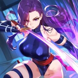 1girls ai_generated ded_173 leotard marvel marvel_rivals psylocke psylocke_(marvel_rivals) purple_eyes purple_hair superhero_costume sword thighs