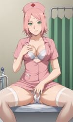 aged_up ai_generated ass bigmic145 boruto:_naruto_next_generations bra breasts cleavage female female_only medium_breasts naruto naruto_(series) nurse nurse_cap nurse_uniform panties pink_hair sakura_haruno short_hair stripping thighhighs