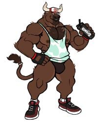 anthro balls bara barazoku bovid bovine bulge bull cap darknaigart ear_piercing flaccid furry gay gym_uniform horns male male_only muscles muscular penis solo solo_male