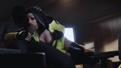 3d 3d_(artwork) big_breasts big_penis black_bra black_lingerie blowjob dark-skinned_male fortnite high_heel_boots interracial interracial_sex light-skinned_female office_clothing office_lady office_sex table_sex thigh_high_boots yellowjacket_(fortnite)