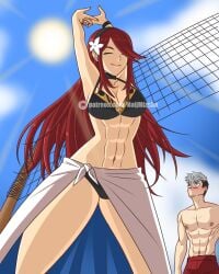 1boy 1girls abs beach bikini blush closed_eyes clothed leona_(naijmizuho) naijmizuho original_character pink_lipstick red_hair stretching tagme viewed_from_below volleyball volleyball_net white_hair