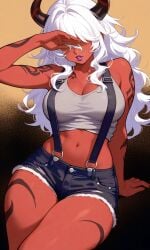 1girls ai_generated demon demon_girl desdemona_(fortnite) fortnite fortnite:_battle_royale horns purple_lipstick red_body tattoo white_hair