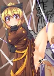 1boy blonde_hair blush bow breasts censored clothed_sex cum cum_in_pussy dress female fun_bo hairbow large_breasts penis ribbon sex short_hair sin_sack spread_legs tear testicles tied_up touhou vaginal_penetration yamame_kurodani yellow_eyes