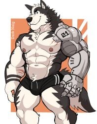 anthro balls bara barazoku bulge canine darknaigart domestic_dog flaccid furry gay husky male male_only mechanical_arm muscles muscular penis robotic_arm shirtless shorts solo solo_male