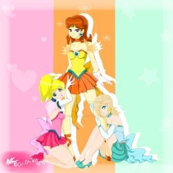 3girls bishoujo_senshi_sailor_moon blonde_hair blue_eyes blue_shirt blue_skirt breasts brown_hair choker clothing cosplay earrings elbow_gloves flower_earrings gloves hair_over_one_eye high_heels long_hair looking_at_viewer mario_(series) medium_breasts medium_hair nintendo orange_skirt orihime_tenjho pink_shirt pink_skirt princess_daisy princess_peach princess_rosalina sailor_senshi_uniform shirt skirt small_breasts star_earrings tiara twintails yellow_shirt