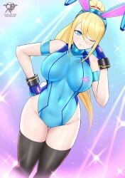 1girls armlet blonde_hair blue_eyes blue_leotard breasts bunny_ears bunny_tail fake_animal_ears fake_tail female female_only fully_clothed gloves hand_on_hip kaos_art large_breasts leotard looking_at_viewer metroid mole mole_under_mouth nintendo playboy_bunny ponytail samus_aran stockings thighhighs tight_clothing zero_suit_samus