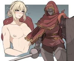 1boy 1girls armor blonde_hair breasts breasts_out character_sheet elden_ring female femboy feminine fromsoftware girly picco tarnished topless