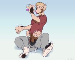 2025 absurd_res animal_genitalia azeldraws balls_in_underwear blonde_hair bottomwear brown_body brown_fur claws closed_eyes clothing drinking_potion flake_(flakewave) footwear fur fur_growth genitals growth gulonine hair hi_res human human_to_taur male male_taur mammal markings marten mid_transformation motion_lines mustelid musteline pants paws penis penis_tip pine_marten pointy_ears potion_bottle red_clothing red_shirt red_topwear sheath shirt simple_background sitting sitting_on_ground snout snout_growth socks solo species_transformation stretched_clothing sweatpants tail_bulge taur topwear torn_clothing torn_footwear torn_socks transformation white_claws yellow_markings