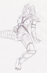 angel_wings armor breasts female helmet large_breasts long_hair medium_breasts monochrome nipples pussy solo wings