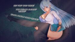 3d aqua_(konosuba) blue_hair choker cleavage clothed female gyaru gyarufication gyarufied heels hoop_earrings koikatsu kono_subarashii_sekai_ni_shukufuku_wo! leopard_print long_hair panty_peek park park_bench presenting_thighs public skirt solo text thedoodest thighhighs thighs