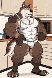 anthro balls bara barazoku bulge canine darknaigart flaccid furry gay male male_only muscles muscular nipples_visible_through_clothing pantsless penis solo solo_male underwear wolf