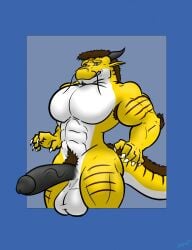 anthro_dragon black_penis brown_hair brown_stripes dick_pic eastern_dragon growth muscles muscular naked nudity penis serith_abrasoka solo_male ty_desoto white_abs white_pecs yellow_skin