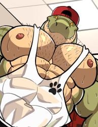 anthro bara barazoku darknaigart dinosaur jace_(darknaig) male male_only muscles muscular scalie solo solo_male sweat sweating tank_top tyrannosaurid tyrannosaurus tyrannosaurus_rex wet_clothes