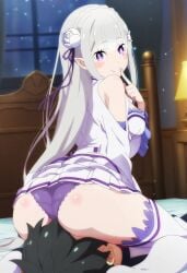 ai_generated ass ass_focus ass_grab cowgirl_position cunnilingus_through_clothes elf elf_ears elf_female emilia_(re:zero) long_hair natsuki_subaru panties purple_hair pussy_on_face re:zero_kara_hajimeru_isekai_seikatsu silver_hair sitting_on_face