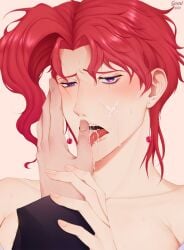 blush cum cum_on_face earrings facial gay gomi-cake jojo's_bizarre_adventure jotakak jotaro_kujo licking licking_fingers male male_only noriaki_kakyoin purple_eyes red_hair stardust_crusaders tongue tongue_out