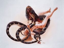 2girls breasts chris_achilleos dark-skinned_female dark_skin lamia monster_girl naga nipples yuri