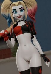 1girls ai_generated front_view harleen_quinzel harley_quinn looking_at_viewer multiversus one_hand_behind_head presenting_pussy pussy solo solo_focus standing