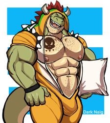 abs anthro balls bara barazoku bowser_(cosplay) bulge darknaigart dinosaur flaccid gay jace_(darknaig) male male_only muscles muscular nipples onesie pecs penis pijama pillow scalie solo solo_male tyrannosaurid tyrannosaurus tyrannosaurus_rex