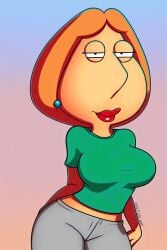 ai_generated breasts curvy family_guy green_shirt grey_pants halfaslime hands_on_hips lois_griffin midriff non-nude posing simple_background solo solo_female squinting