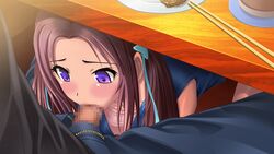 16:9 blush brown_hair censored character_request fellatio food hina_soft imojoku long_hair oral penis purple_eyes under_the_table