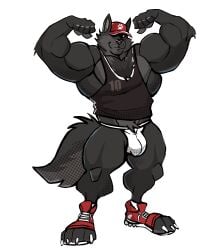 anthro balls bara barazoku bulge cap darknaigart flaccid flexing furry gay jockstrap male male_only muscles muscular pantsless penis solo solo_male underwear werewolf wolf