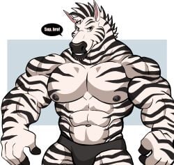 anthro balls bara barazoku bulge darknaigart flaccid furry male male_only muscles muscular penis solo solo_male speech_bubble underwear underwear_only zebra