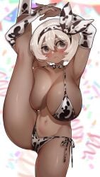 1girls bea_(pokemon) bikini bowtie breasts bridal_gauntlets cow_print cow_print_armwear cow_print_bikini cow_print_bowtie cow_print_swimsuit grey_eyes hair_ribbon large_breasts looking_at_viewer midriff navel nintendo pokemon pokemon_ss saitou_(pokemon) short_hair side-tie_bikini side-tie_swimsuit standing_on_one_leg standing_split sumisumii swimsuit white_hair