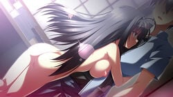 1boy female black_hair breasts game_cg hug large_breasts long_hair natsuzora_no_perseus nipples nude shouna_mitsuishi tohno_ren toono_ren