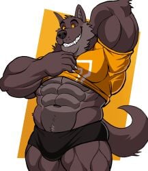 abs anthro balls bara barazoku bulge canine darknaigart flaccid furry gay male male_only muscles muscular shirt_lift solo solo_male thick_thighs wolf