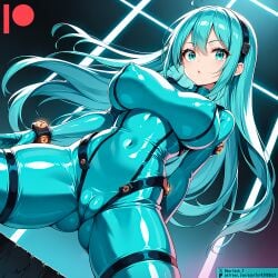 ai_generated bodysuit breasts female kuriboh_ex_(artist) latex latex_clothing latex_suit oppai rubber rubber_clothing rubber_suit skin_tight turquoise_eyes turquoise_hair