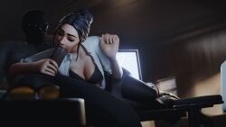 3d 3d_(artwork) asian_female big_breasts big_penis black_bra black_lingerie blowjob dark-skinned_male fortnite hairbun interracial interracial_sex light-skinned_female office_clothing office_lady office_sex rook_(fortnite) stockings table_sex