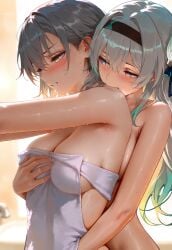 2girls ai_generated bare_shoulders bathroom blush breast_grab breasts cuddling female female_only fingering firefly_(honkai:_star_rail) groping honkai:_star_rail honkai_(series) hug hugging towel towel_only trailblazer_(honkai:_star_rail) wet yuri