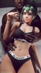 1boy 1girls 3d 3d_(artwork) asian asian_female black_underwear blacked blacked_clothing blizzard_entertainment clothed clothed_female dark-skinned_male dark_skin gladionanimated green_hair green_hair_female japanese japanese_female kiriko_(overwatch) looking_at_viewer overwatch overwatch_2 underwear