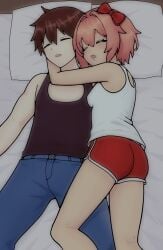 1boy 1girls bow breasts brown_hair butt closed_eyes doki_doki_literature_club eyes_closed hair_bow hairbow mc_(doki_doki_literature_club!) pillow pillows red_bow red_hair_bow red_hairbow sayori_(doki_doki_literature_club) shorts sleeping sleeping_happily sleeping_on_partner sleeping_together sleeping_with_partner somnipheromone straight strawberry_blonde_hair wholesome